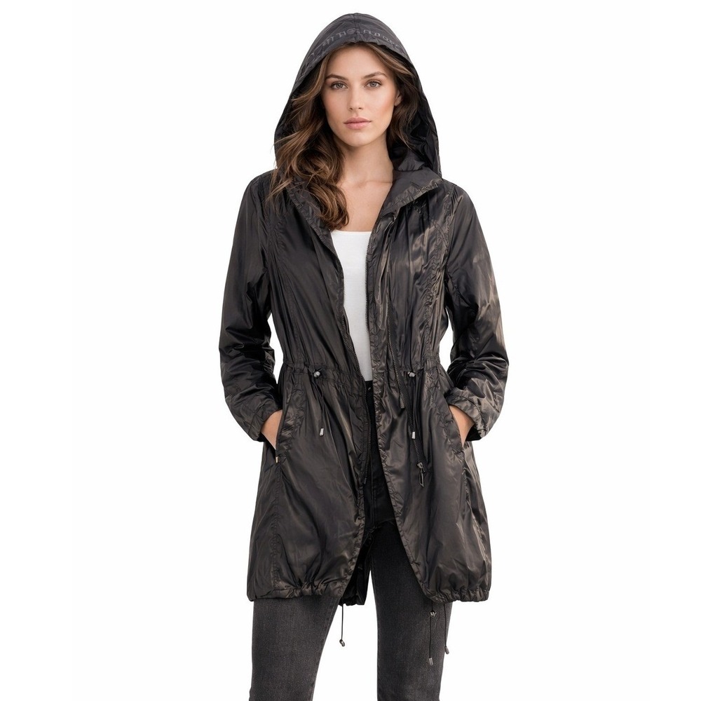 Soia & Kyo Black Hooded Lightweight Windbreaker Long Parka Jacket M‎